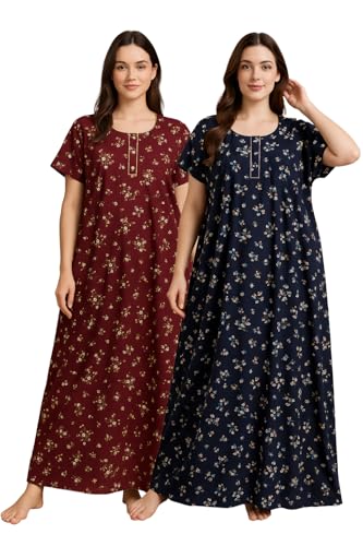 Image of Bahumaan Pure Cotton Nighty for Woman | Floral Gown for Women Nightwear with Pocket | Cotton Nighty for Women Stylish | Maxi for Women Cotton