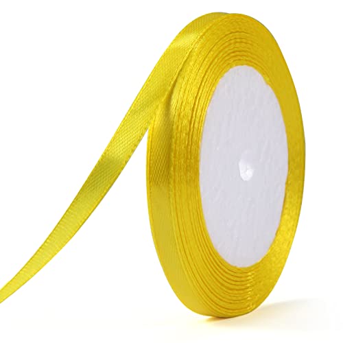 Fita de raso, fita de cetim de 6 mm x 22 m, fita de tecido para artesanato, embrulhos de presentes, balões, laços, decoração de casamento (amarelo, poliéster)