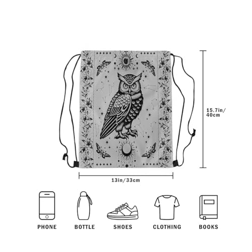 Castle Fairy Owl Drawstring Backpack 13"X16" Boho Gray Black Sackpack for Gym Sports Wild Animals Flower Galaxy Water Resistant String Bag for Women Men 5
