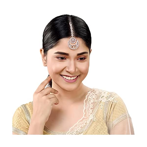 SARAF RS JEWELLERY Rose AD Studded Half Moon Shaped Handcrafted Maang Tika for Women & Girls - Image 6