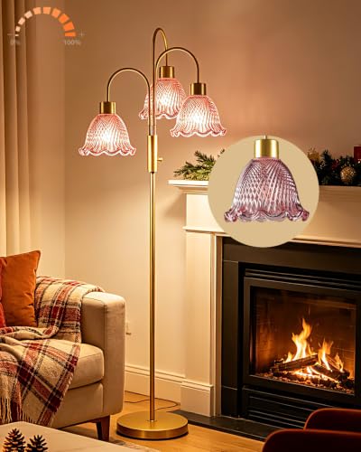 Image of 3-Light Glass Floor Lamp for Living Room, 70 inch Gold Dimmable Standing Tall Lamp with Deep Red Glass Shades &3PCS 3000K Warm White Bulbs for Wedding /Party, Modern Tree Pole Lamp for Bedroom Home Decor