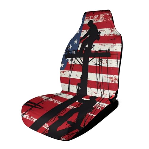 Lineman Am-erican Flag Electric Cable Lineman Car Seat Covers Universal Car Front Seats Protector Auto Interior Accessories 1PCS