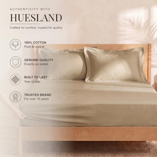 Image of Huesland 300 TC Premium 100% Pure Cotton Luxe Soft Touch Fitted King Size Bedsheet Cotton with 2 Pillow Covers | Sand Dune | 72 x 78 Inches