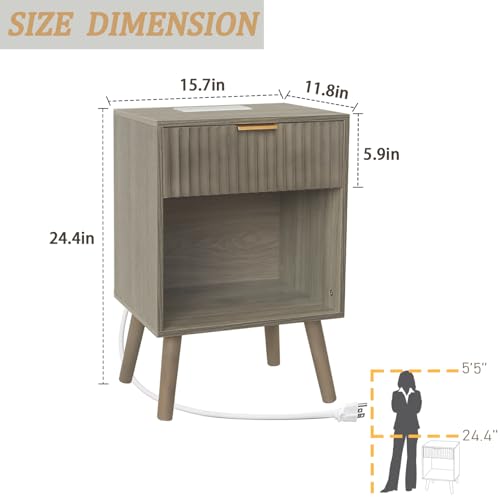 Image of Fultyle Grey Wood Nightstand with Charging Station, Modern Bedside Table with Fluted Drawers and Storage Shelf, End Side Tables Living Room for Bedroom, Office (Grey)