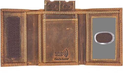 Mens Trifold Wallet RFID Protection Genuine Leather Trifold Wallet Key Holder Velcro's Closure Card Case Holder (J133, Rustic Brown)
