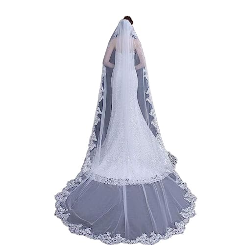 BUNGAA Velo da Sposa, 3 Metri Veli da Sposa in Pizzo Lungo Uno Strato Veli da Sposa Cattedrale Veli da Sposa Bianchi