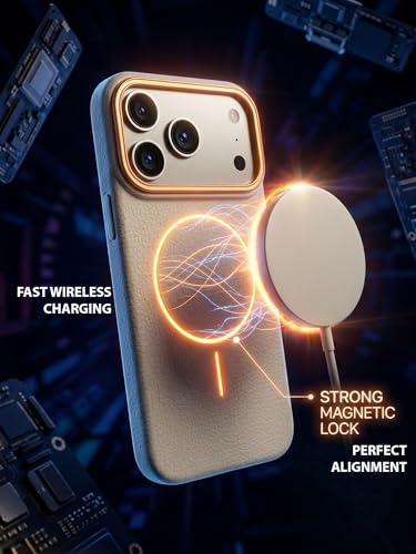 Image of amazon basics Luxury MagSafe Compatible Leather Texture Back Cover for iPhone 17 Pro Max | Raised Camera Protection | Slim Fit Shockproof Case with Metallic Accents (White)