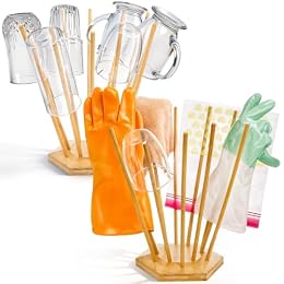 Elsjoy Set of 2 Plastic Bag and Bottle Drying Racks, Bamboo Dryer Rack Stand with 12 Sticks, Reusable Bag Cup Drainer Holder for Kitchen Storage, Hexagon Base
