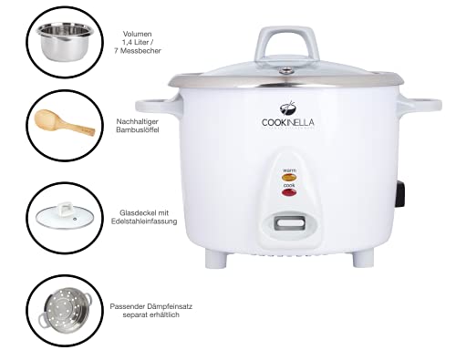 KeMar Kitchenware KRC-200 Reiskocher Edelstahltopf (1,4L, 500W, Weiß) | Glasdeckel | Bambuslöffel – Bild 3
