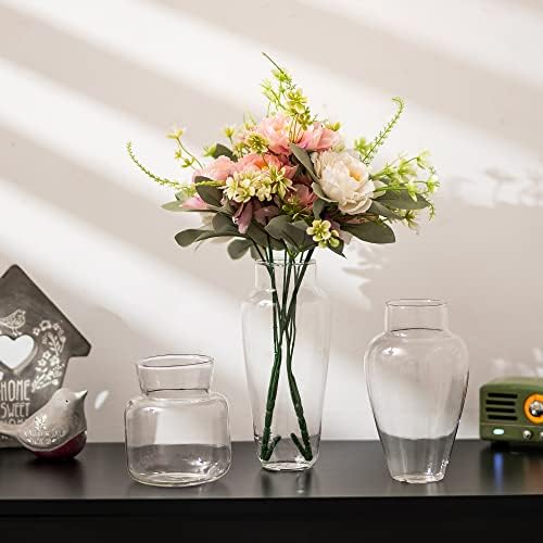 Glasseam Handmade Glass Flower Vase, Set of 3 Wide Neck Clear Vase for Living Room Decorative Bottle Vase for Wedding Dining Table Centrepiece Pampas Grass Artificial Posy Bouquet Rose Ornaments