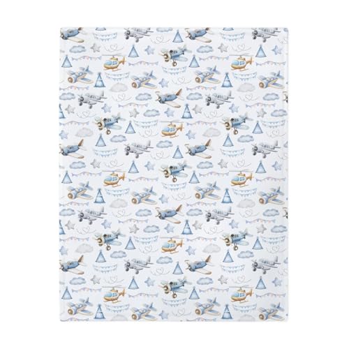 Image of Vintage Planes Airplanes Helicopters Baby Blankets for Boy Girl Plane Stars Clouds Sky Soft Flannel Nursery Bed Blankets for Infant Toddler Crib Swaddle Receiving Blankets 50x60