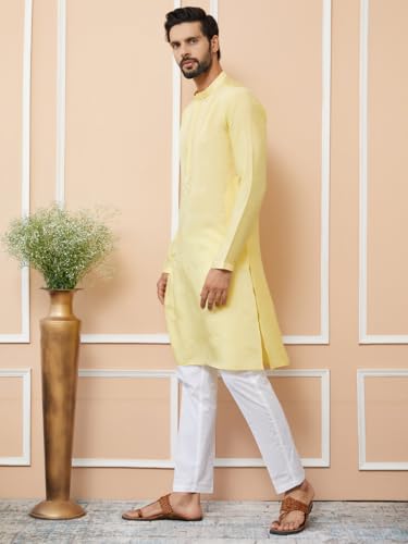 Image of See Designs Men's Long Sleeve Mandarin Collar Side Slit Cream Embroidered Chanderi Silk Straight Kurta with Pyjama