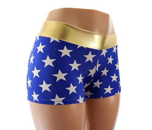 Dilly Duds Mid Rise Booty Shorts - Royal Blue Spandex with White Stars and Gold Metallic Waistband (Adult Medium)