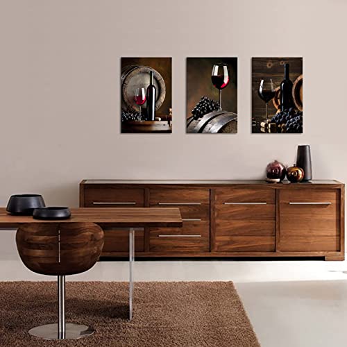 Sechars - 3 Piece Canvas Wall Art Red Wine Painting For Wall Decor Grape Pictures Stretched And Framed Vintage Kitchen Decorations Theme Sets #TOP1