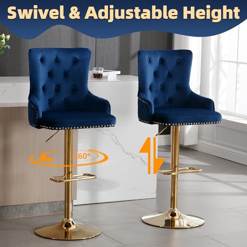 Abet ABET-1416-80-03-US Gold Bar Stools Set Of 3, Modern Velvet Counter Height Adjustable Barstools With Diamond Lattice Wingback, Rivet Trim & Lion Knocker thumb #3