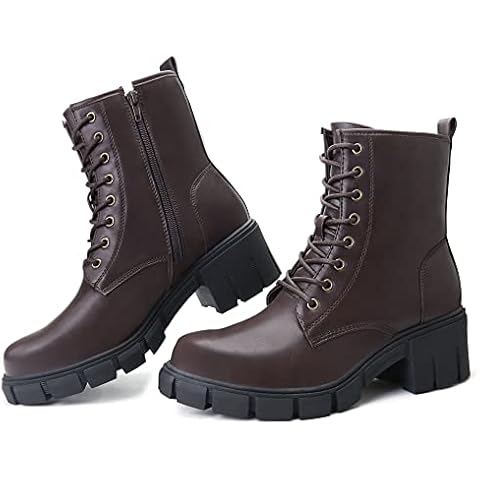 firelli Women Combat Boots Lace Up Ankle Calf Chunky Heel Booties (8.5,Brown) Cover