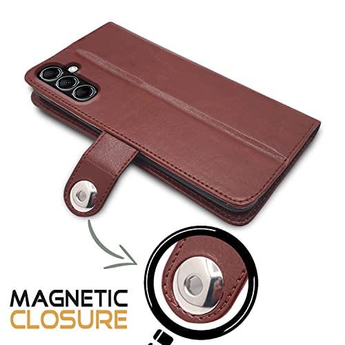 Image of Pikkme Samsung Galaxy M14 5G Flip Cover Leather Finish | Inside TPU with Card Pockets | Wallet Stand and Shock Proof | Complete Protection Button Flip Case (Brown)