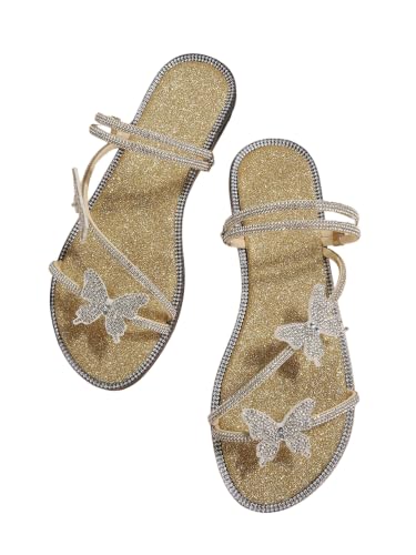 Image of OYOANGLE Women's Silver Rhinestone Sandals Sparkly Dressy Flat Sandals