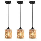 Lampe suspendue Boho en rotin avec abat-jour tissé à la main, lustre bohème, lampe suspendue rustique de style ferme pour îlot de cuisine, chambre à coucher, salle à manger (lot de 3)