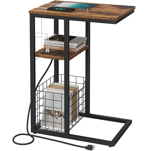 Vagusicc C Shaped End Table with Charging Station Side Table for Couch Small Side End Table for Small Spaces 28 High Slide Under Sofa Table for Coffee Tv Tray Table for Living Room Rustic Brown