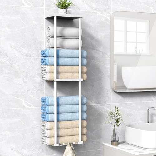 Liuoud Towel Rack for Bathroom, Wall Mounted Vertical Rolled Towel Storage Organizer Holder with Shelf, Holds Up 6 Large Bath Sheets, White by Liuoud - Used condition - US$17.60