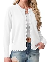 GRECERELLE Women's Cardigans Knit Crew Neck Lightweight Long Sleeve Cardigan Sweater Ladies Button Down Scalloped Shrugs Jumper for Dress Summer Evening Wedding (White, L)