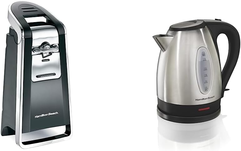 Hamilton Beach (76606ZA) Smooth Touch Electric Automatic Can Opener, Black and Chrome & Electric Tea Kettle, Water Boiler & Heater, 1.7 Liter, Cordless Serving, 1500 Watts, Stainless Steel (40880)