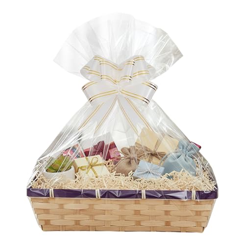 H-Line Rectangular Wicker Gift Hamper Basket, Split Willow Tray with, Make Your Own Hamper Kit with Cellophane, Wood Shred & Bow Set, Ideal for Gift Wrapping (Purple, Large)