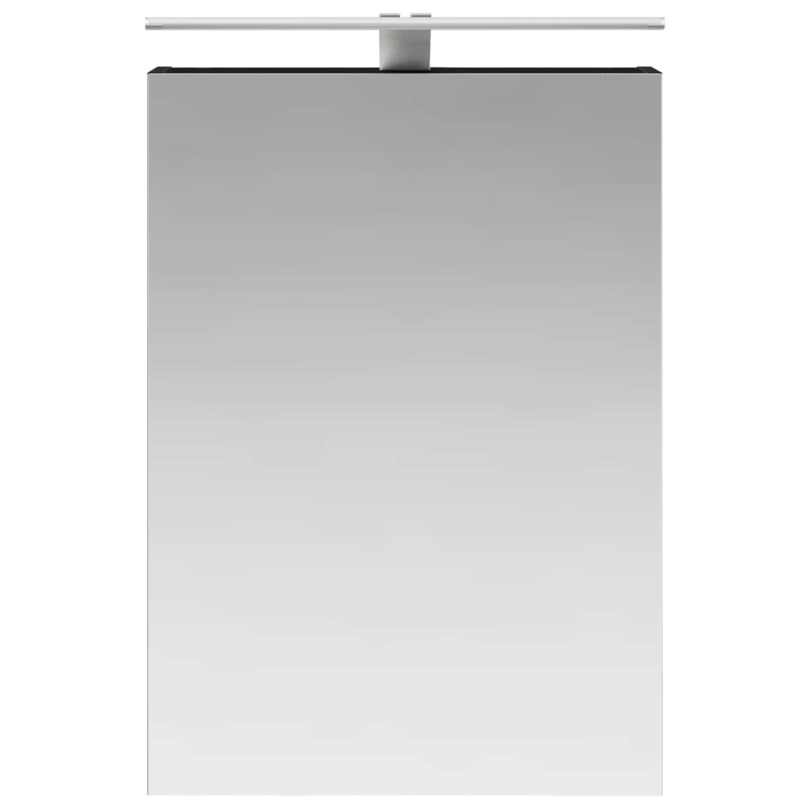Szafka łazienkowa z lustrem w kolorze czarnym, imitacja dębu, wykonana z materiału drewnopochodnego, 50 x 14,5 x 70 cm, z paskami LED i dwukierunkowym lustrem, montowana na ścianie, do mebli