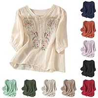 Blouses for Women UK Linen Tops for Women UK Plus Size Short Sleeve Tunic Blouse Retro Jacquard T-Shirts Baggy Loose Fit Shirt Lightweight Flowy Hem Boho Tee Shirts 1-Beige XL