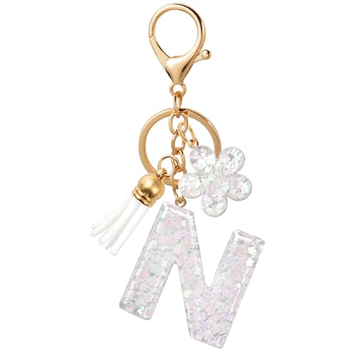 ANHBKAR White Flower Initial Keychain - Resin Letter N Bag Charm for Women, Girls (N-WHITE)