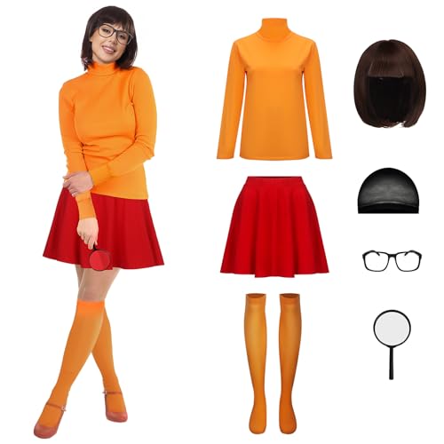 NUWIND Disfraz de Halloween Deluxe Adulto Mujer, Peluca Bob Marrón, Top Cuello Tortuga Naranja, Falda Roja, Lupa, Calcetines y Gafas Traje de Carnaval Fiesta (L)