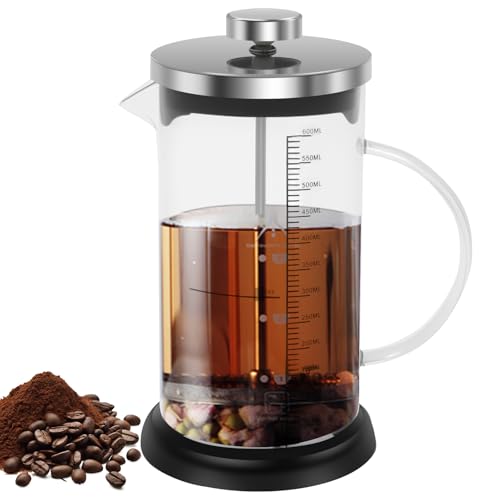 KEGAJEGA French Press - Cafetera de cristal resistente al calor de 600 ml con filtro de acero inoxidable, base de silicona aislada, sin BPA, prensa de café para café, té, café con leche, capuchino
