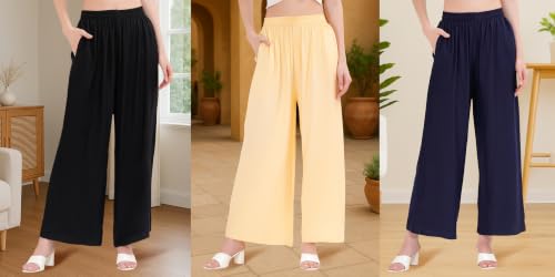 Image of Buy That Trendz Palazzo Pants for Women Rayon Elasticated Regular Fit Flared Wide Leg M to 6XL Pack of 3
