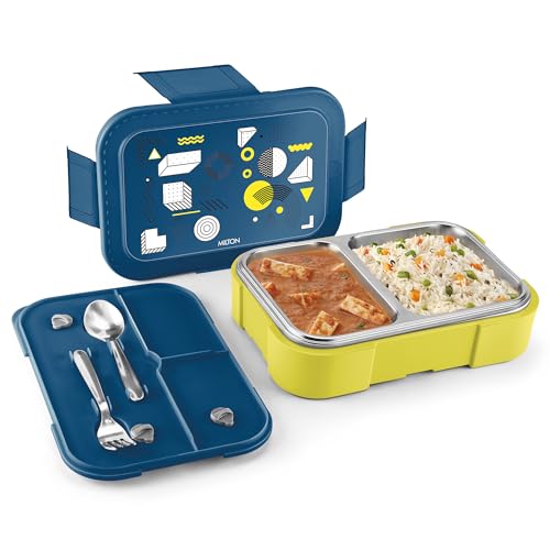 Image of MILTON Bravo 2 Inner Stainless Steel Tiffin Box for School, 2 Partition, Steam Release Plug | PU Insulated, Leak-Proof, Food Grade I Lunch Box for Kids Boys, Girls with Snap Lock Lid, 650 ml, Yellow