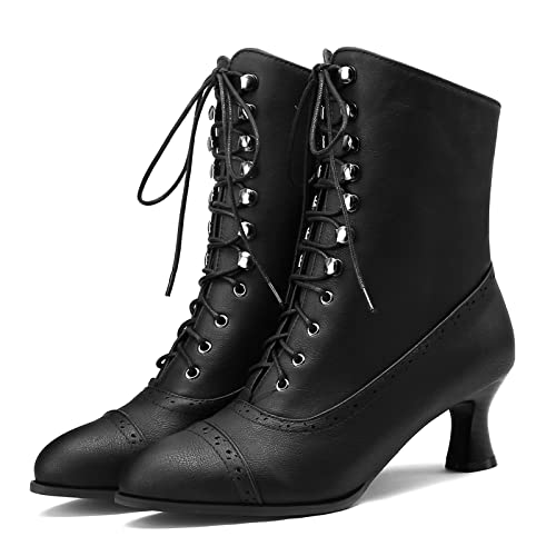 Voviggiw Lace Up Ankle Boots for Women Kitten Heel Victorian Boots Pointed Toe Booties Side Zipper Black Size 40