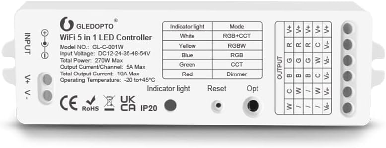 Top view of the GLEDOPTO WiFi 5-in-1 LED Controller with input/output terminals and indicator lights
