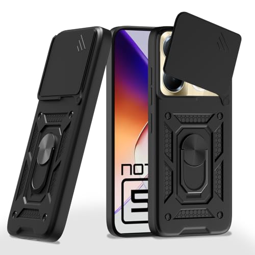 Image of Pikkme Back Cover for Infinix Note 40 5G | 360 Protection Case | Sliding Camera Shield Cover & Ring Holder Stand D10 Tough Armor Bumper Case (Black)
