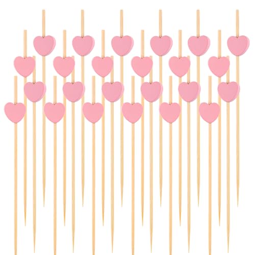 100 PCS Pink Heart Cocktail Picks, 4.7 Inch Fancy Toothpicks for Appetizers, Bamboo Cocktail Skewers Sticks for Wedding Birthday Valentines Day Decoration Party Supplies