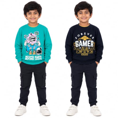 Image of NammaBaby Boys Loopknit Cotton Round Neck T-Shirt Chest Printed Full Sleeves Sweatshirt for Light Winters Pack of 2