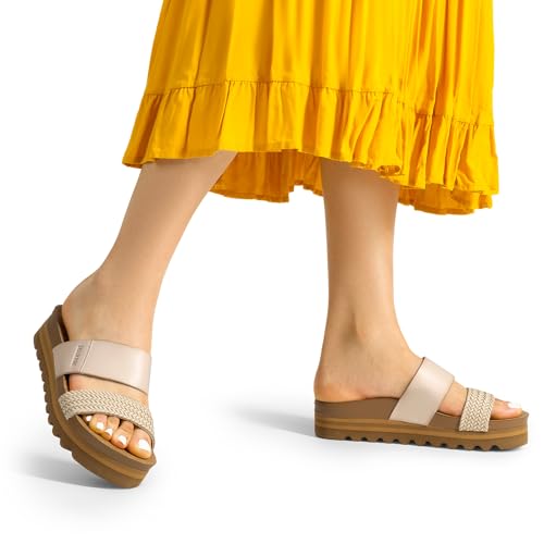 DREAM PAIRS Women's Platform Wedge Sandals with Arch Support, Comfortable Beach Slip-on Flat Sandals, Casual 2-Strap Cork Cushion Slides for Women,Size 11,Beige-Pu,SDPW2415W angle 8