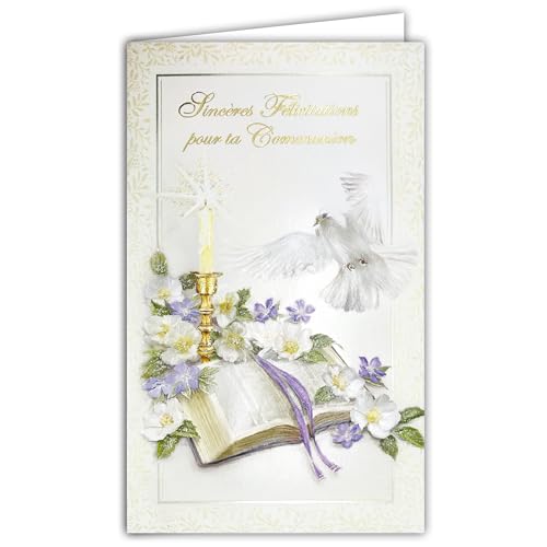 19-642 Carte Porte-Billet avec Enveloppe Sincères Félicitations pour ta Communion Garçon Fille Chrétien(ne) Catholique Bible ouverte Cierge Bougie Colombe Fleurs...