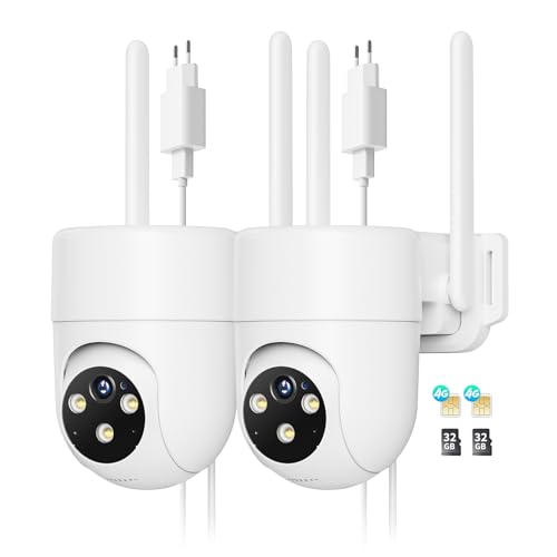 NUASI 4G LTE Cámara Vigilancia Exterior con Tarjeta SIM, 【2 Unidad】 360° PTZ Cámara IP con Detección Humana AI e Visión Nocturna Colorida, Audio Bidireccional e Grabación 24/7 Avec Tarjeta 32GB