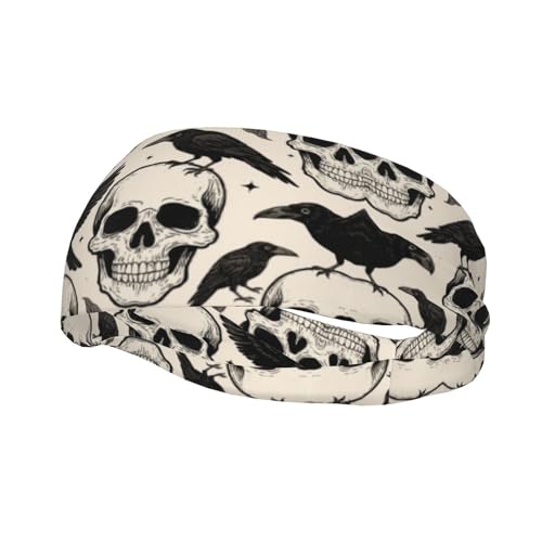 Boys Girls Cool Sports Sweat Band Head Decor for Running Athletic Spa, Long Multipurpose Halloween Raven Goth Skulls Art Head Ribbon Headdress