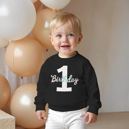 1. Geburtstag Junge Sweatshirt \1 Birthday\ Stickerei Pullover Neugeborenen Babykleidung Kinder Sweatshirts Rundhals Langarmshirt Kleinkind Outfits Warmer Herbst Winter Pulli(Schwarz,12 Monate)