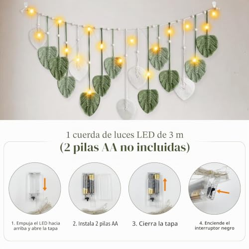 Tapiz de macramé tejido a mano estilo Boho Deko con sutiles detalles de luces 6