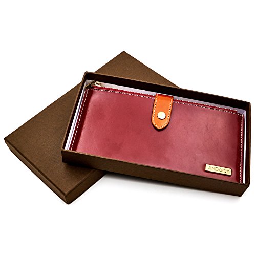 Andoilt Womens Genuine Leather Wallet Rfid Blocking Credit Card Holder Zipper Purse Cell Phone Handbag Red & Brown #TOP5