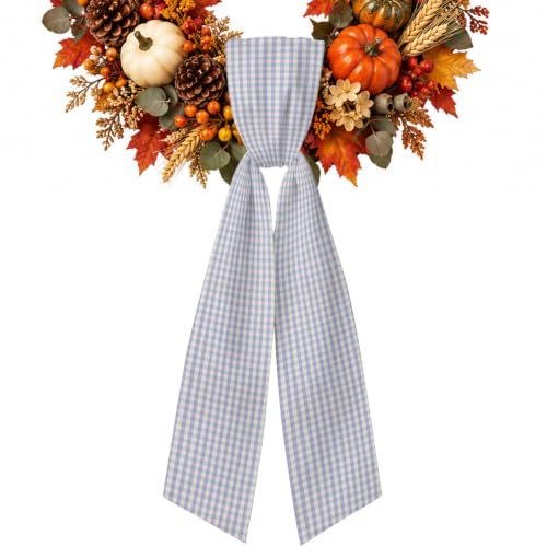 Purple Wreath Sash for Front Door, Grid Checkered Plaid Gingham Lattice Trellis Wreath Bow Accent for Fall Christmas Holiday Door Decor, Ribbon Sash for Wreaths, Porch Home Decoration