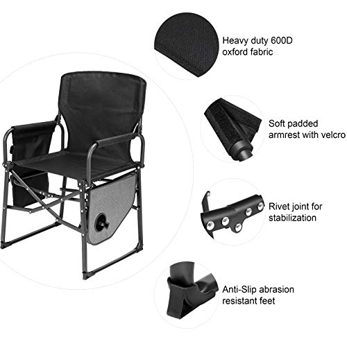 Ubon Steel Frame Portable Director's Chair - Ultra-Wide & Lightweight Seat With Collapsible Side Table & Pockets - Foldable Equipment For Camping, Beach, Travel, Sports Games - 300Lb Capacity - Black #TOP2