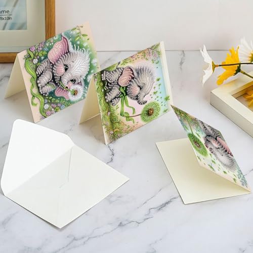 Image of AiYuanzsh 6 Pack Diamond Art Greeting Card Kits with Envelopes, Special Shaped Diamond Painting Cards, DIY Rhinestone Diamond Art Cards for Birthday Christmas Holiday (Elephant and Dandelion)